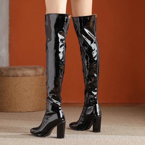 Over the Knee Patent Leather Boots In Black