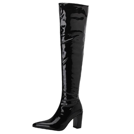 Over the Knee Patent Leather Boots In Black - flat-lay product shot, black - Miss Mosa By Akanksha