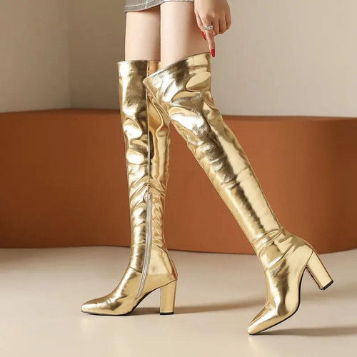Over the Knee Patent Leather Premium Mettalic Boots In Gold