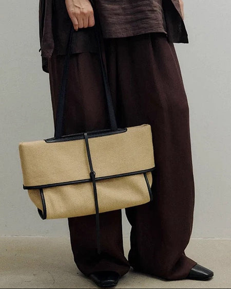 Pablo Canvas Tote Bag - handheld shot on model, beige - Miss Mosa By Akanksha