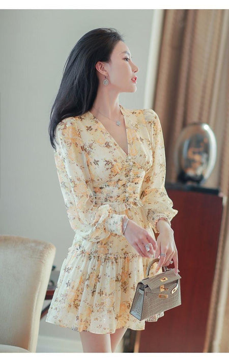 Paisley V-Neck Floral Mini Dress - side shot on model, yellow - Miss Mosa By Akanksha