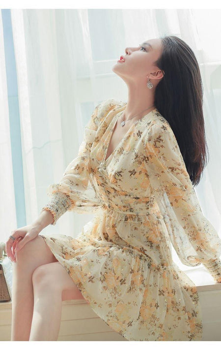 Paisley V-Neck Floral Mini Dress - side shot on model, yellow - Miss Mosa By Akanksha