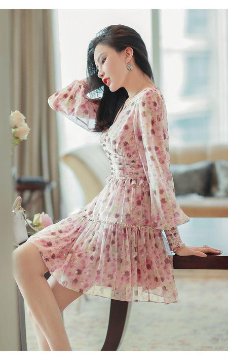 Paisley V-Neck Floral Mini Dress - side shot on model, pink - Miss Mosa By Akanksha
