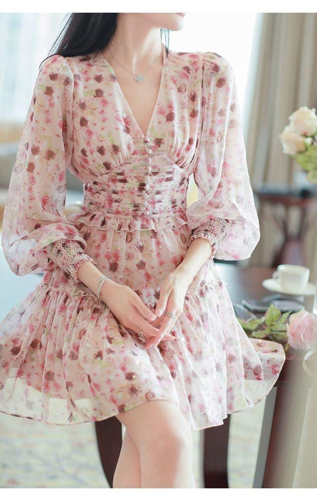 Paisley V-Neck Floral Mini Dress - front shot on model, pink - Miss Mosa By Akanksha