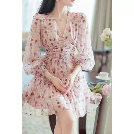 Paisley V-Neck Floral Mini Dress - front shot on model, pink - Miss Mosa By Akanksha