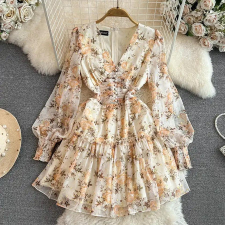 Paisley V-Neck Floral Mini Dress - front shot on hanger, yellow - Miss Mosa By Akanksha