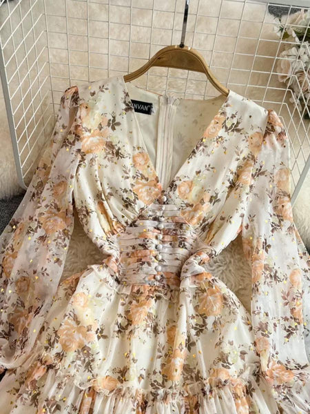 Paisley V-Neck Floral Mini Dress - close-up of waist, yellow - Miss Mosa By Akanksha