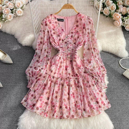 Paisley V-Neck Floral Mini Dress - front shot on hanger, pink - Miss Mosa By Akanksha