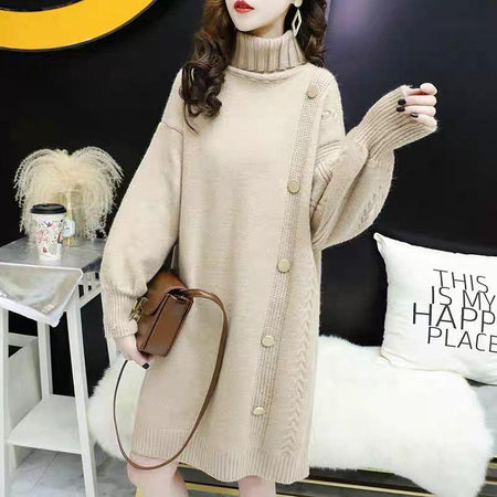 Pallas Winter Dress - front shot on model, beige - Miss Mosa By Akanksha