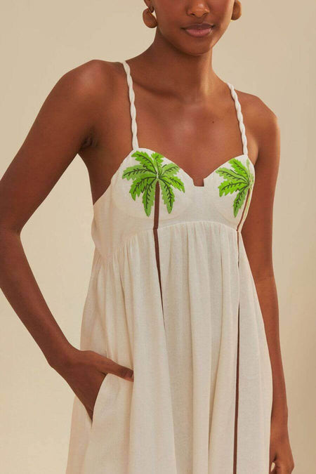 Palm Breezy Summer Dress - close-up of embroidery detail, white - Miss Mosa By Akanksha