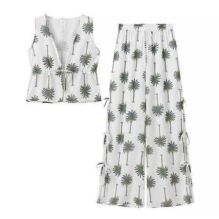Palm Statement Summer Coord Set In White - flat-lay product shot of top and trousers - Miss Mosa By Akanksha