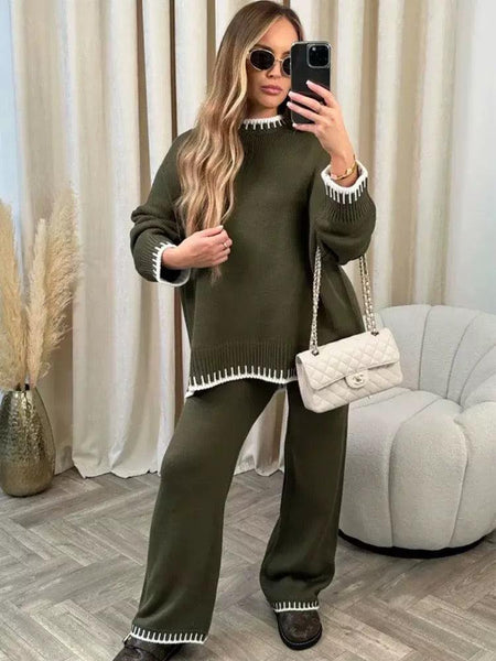 Palmer Knitted Coord Set - full-length shot on model, olive green - Miss Mosa By Akanksha