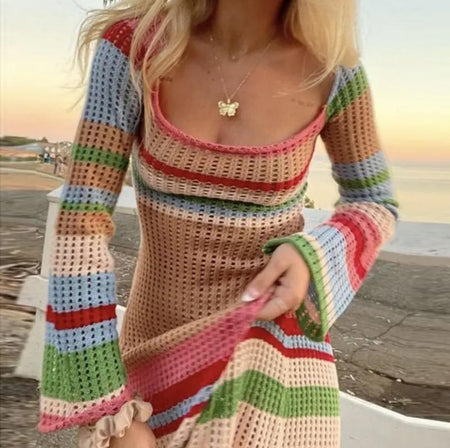 Pamela Crochet Holiday Soft Dress In Multicolour - close-up of front on model outdoors - Miss Mosa By Akanksha
