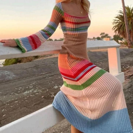 Pamela Crochet Holiday Soft Dress In Multicolour - full-length side shot on model outdoors - Miss Mosa By Akanksha