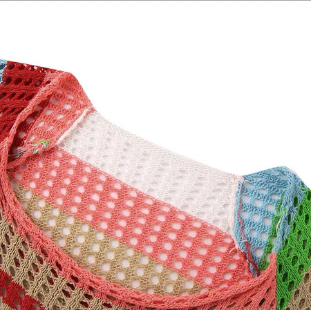 Pamela Crochet Holiday Soft Dress In Multicolour - close-up of striped knit neckline - Miss Mosa By Akanksha