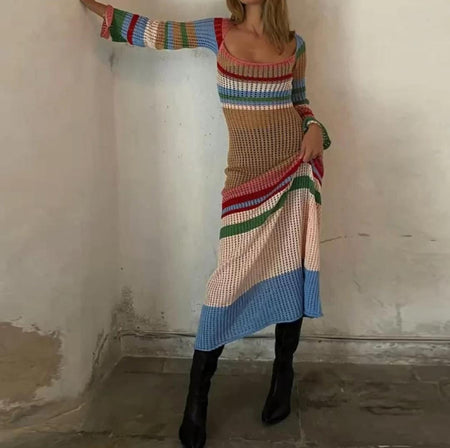 Pamela Crochet Holiday Soft Dress In Multicolour - full-length front shot on model - Miss Mosa By Akanksha