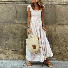 Pamela Summer Dress - full-length shot on model, beige - Miss Mosa By Akanksha