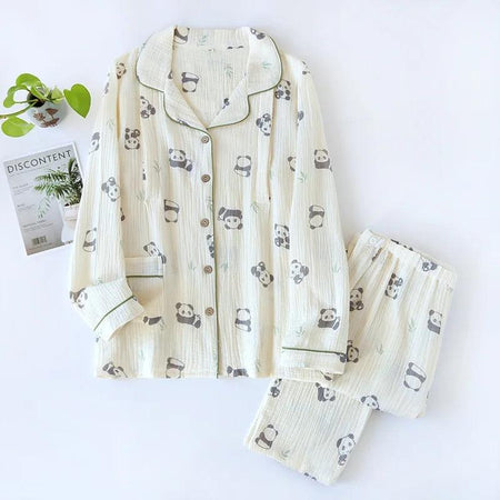 Panda Cotton Crepe Nightsuits In Off-White - flat-lay product shot, off-white - Miss Mosa By Akanksha