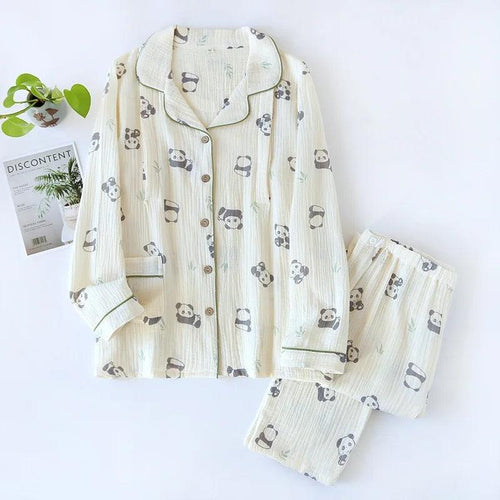 Panda Cotton Crepe Nightsuits In Off-White