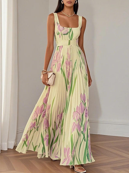 Pansy Floral Statement Maxi Dress In Yellow - front shot on model - Miss Mosa By Akanksha
