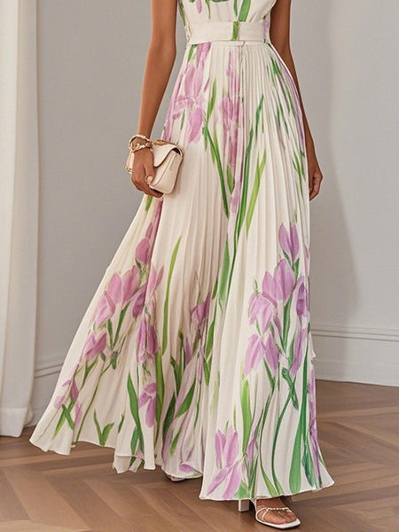 Pansy Floral Statement Maxi Dress In Yellow - close-up shot of skirt on model - Miss Mosa By Akanksha