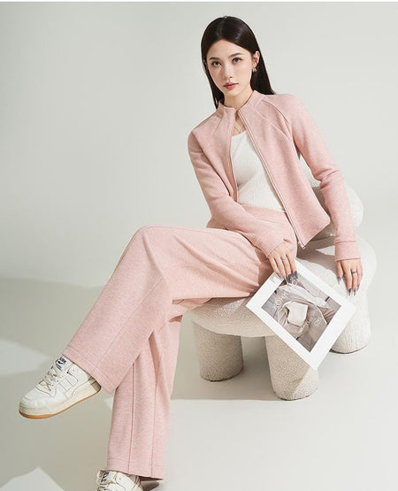 Paola Comfortable Premium Trackset - seated styled shot, dusty pink - Miss Mosa By Akanksha