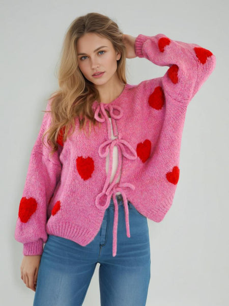 Paola Heart Oversized Cardigan - front shot, pink with red hearts - Miss Mosa By Akanksha
