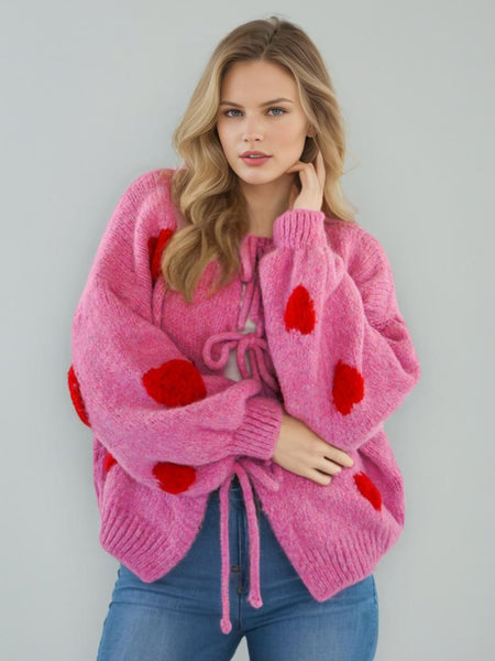 Paola Heart Oversized Cardigan - close-up shot, pink with red hearts - Miss Mosa By Akanksha