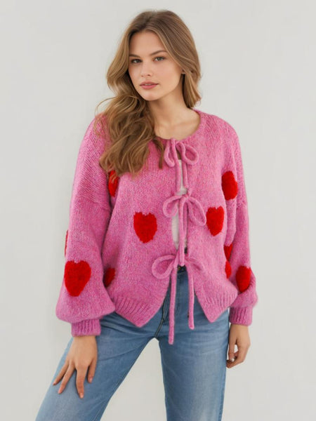 Paola Heart Oversized Cardigan - front shot, pink with red hearts - Miss Mosa By Akanksha