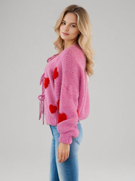 Paola Heart Oversized Cardigan - side shot, pink with red hearts - Miss Mosa By Akanksha