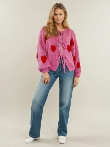 Paola Heart Oversized Cardigan - full-length shot, pink with red hearts - Miss Mosa By Akanksha
