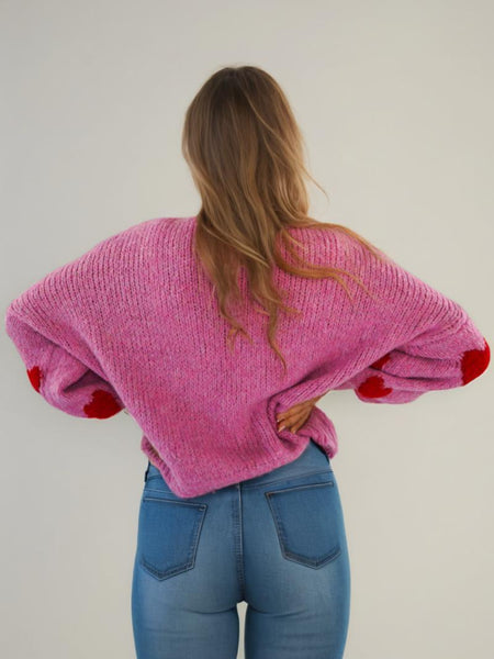 Paola Heart Oversized Cardigan - back shot, pink with red hearts - Miss Mosa By Akanksha