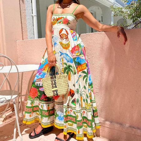 Paradise Printed Summer Dress In Multicolour - front shot on model outdoors - Miss Mosa By Akanksha