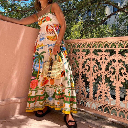 Paradise Printed Summer Dress In Multicolour - side shot on model outdoors - Miss Mosa By Akanksha