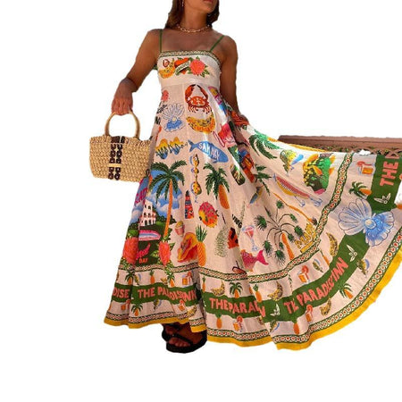 Paradise Printed Summer Dress In Multicolour - front shot on model holding skirt out - Miss Mosa By Akanksha