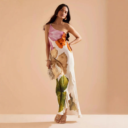 Patrice Printed Ruffle Maxi Dress - full-length shot, floral print on cream - Miss Mosa By Akanksha