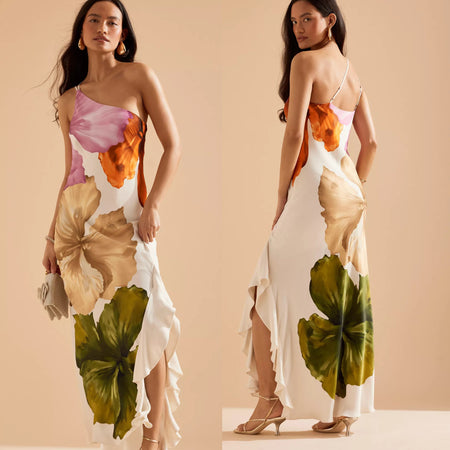 Patrice Printed Ruffle Maxi Dress - full-length shot, floral print on cream - Miss Mosa By Akanksha