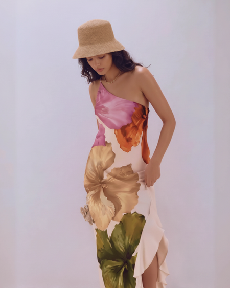 Patrice Printed Ruffle Maxi Dress - three-quarter shot, floral print on cream - Miss Mosa By Akanksha