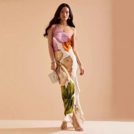 Patrice Printed Ruffle Maxi Dress - full-length shot, floral print on cream - Miss Mosa By Akanksha