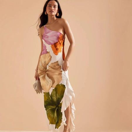 Patrice Printed Ruffle Maxi Dress - three-quarter shot, floral print on cream - Miss Mosa By Akanksha