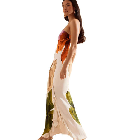 Patrice Printed Ruffle Maxi Dress - side shot, floral print on cream - Miss Mosa By Akanksha