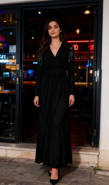Patsy Embellished Party Maxi Dress - full-length shot on model, black - Miss Mosa By Akanksha