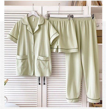 Paula 3 Pc Set Cotton Nightsuits - hanging product shot, green - Miss Mosa By Akanksha