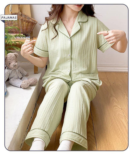 Paula 3 Pc Set Cotton Nightsuits - lifestyle shot on model, green - Miss Mosa By Akanksha