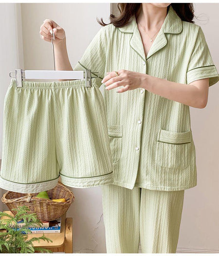 Paula 3 Pc Set Cotton Nightsuits - front shot on model, green - Miss Mosa By Akanksha