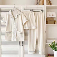 Paula 3 Pc Set Cotton Nightsuits - hanging product shot, white - Miss Mosa By Akanksha