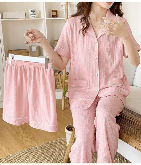 Paula 3 Pc Set Cotton Nightsuits - front shot on model, pink - Miss Mosa By Akanksha