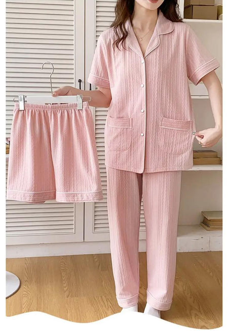 Paula 3 Pc Set Cotton Nightsuits - front shot on model, pink - Miss Mosa By Akanksha