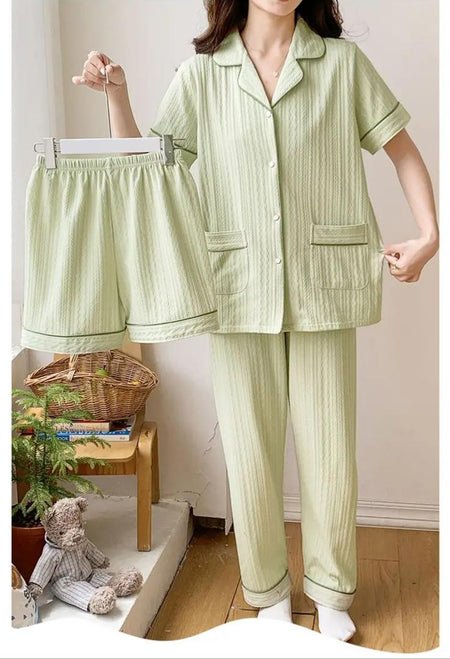 Paula 3 Pc Set Cotton Nightsuits - front shot on model, green - Miss Mosa By Akanksha