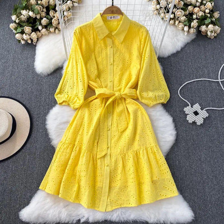 Paula Cotton Eyelet Midi Dress - styled flat-lay shot, yellow - Miss Mosa By Akanksha